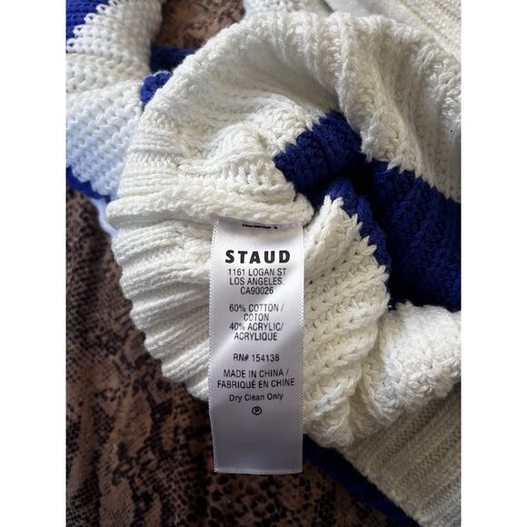 STAUDE Blue White Striped Quarter Zip Ribbed Cotton Blend Sweater Oversized M - Picture 7 of 7